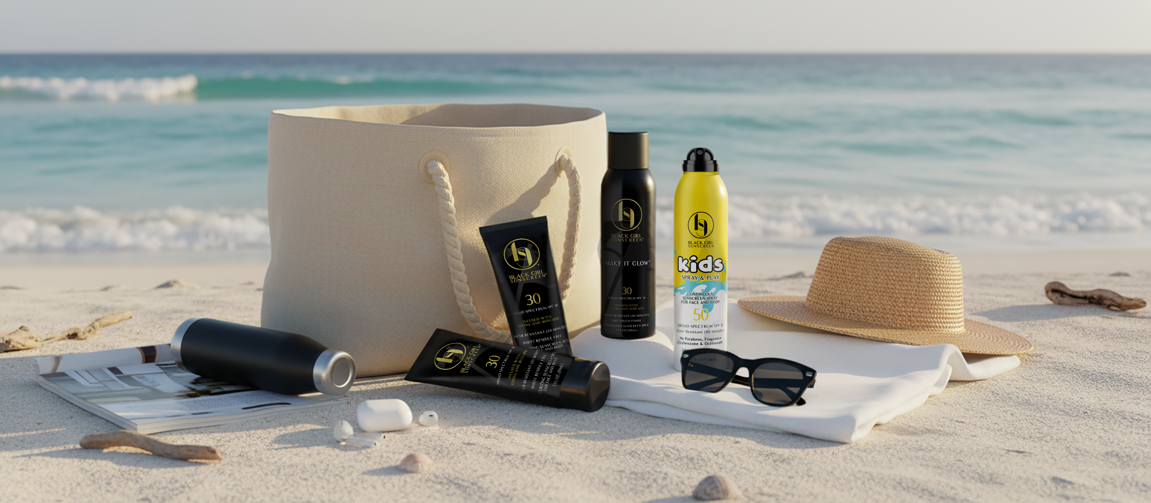 Black Girl Sunscreen product packaging on the beach